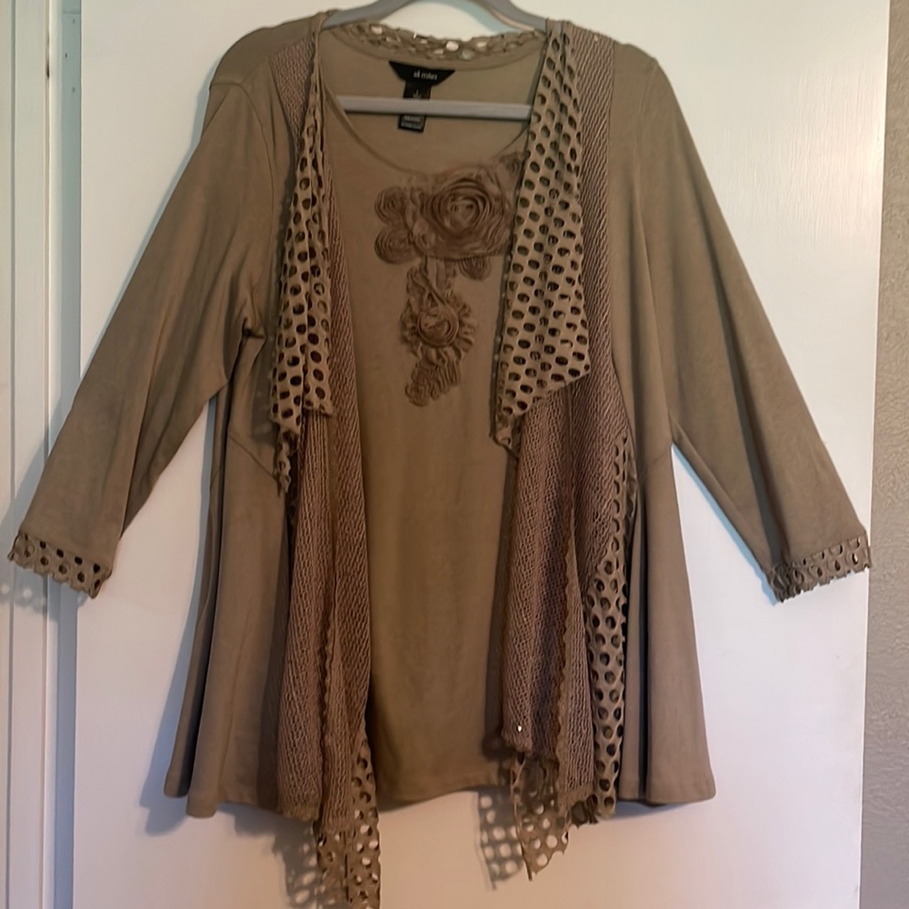 Ali Miles Size Large Art To Wear Tunic Top Tan Brown Beige 3/4 Sleeve Casual